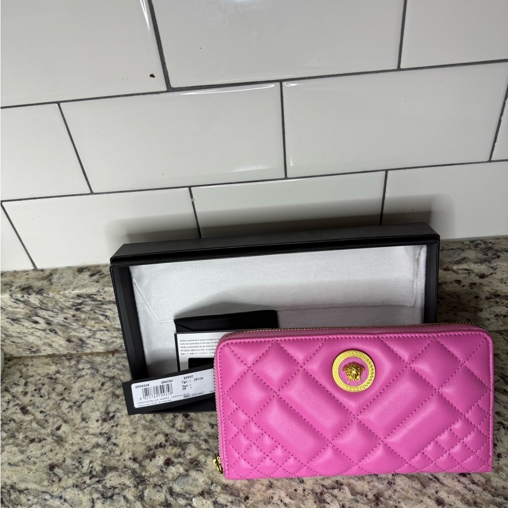 Versace Pink Medusa Quilted Zip Wallet